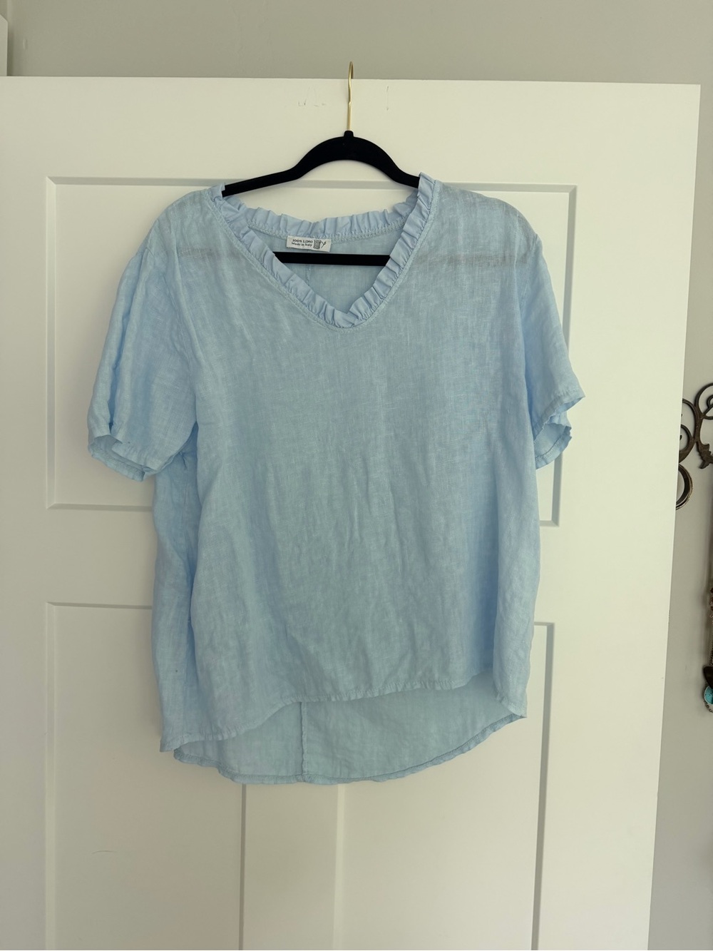 Light Blue Ruffle V-Neck Linen Top